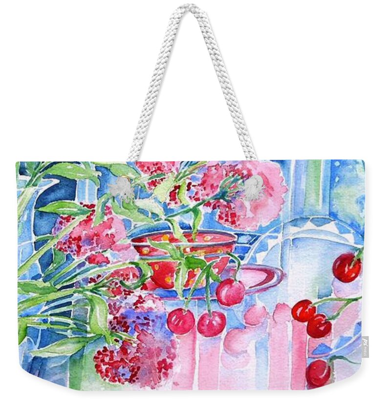 Red Cherries Weekender Tote Bag featuring the painting Red Cherries and Sweet William by Trudi Doyle