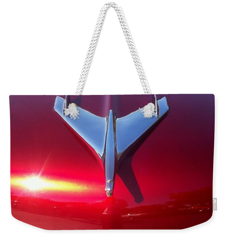 Red Car Hood Weekender Tote Bag featuring the photograph Red Chevy Car Hood by Susan Garren