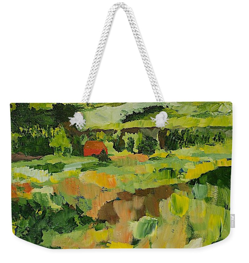 Landscape Weekender Tote Bag featuring the painting Red Cottage by Allan P Friedlander