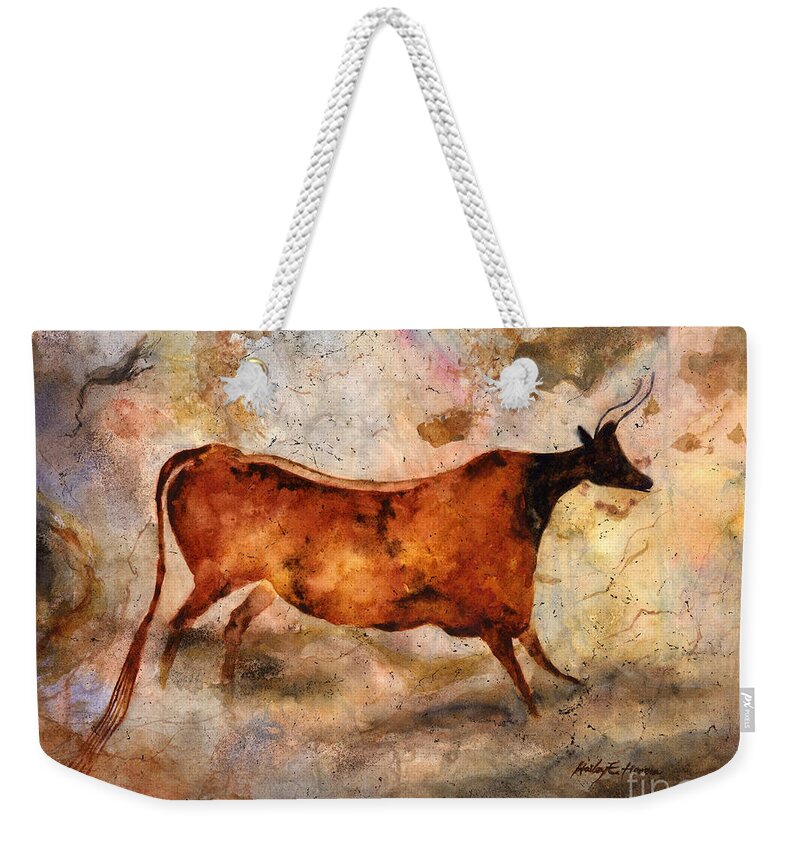 Cave Weekender Tote Bag featuring the painting Red Cow by Hailey E Herrera