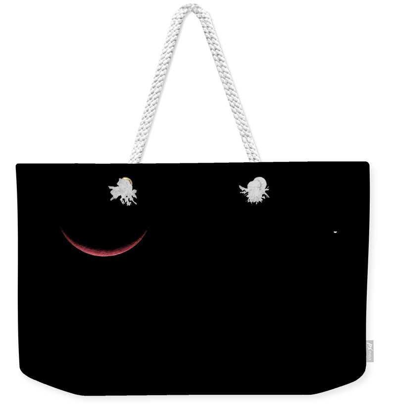 Celestial Weekender Tote Bag featuring the photograph Red Crescent Moon and Venus by Lucy VanSwearingen
