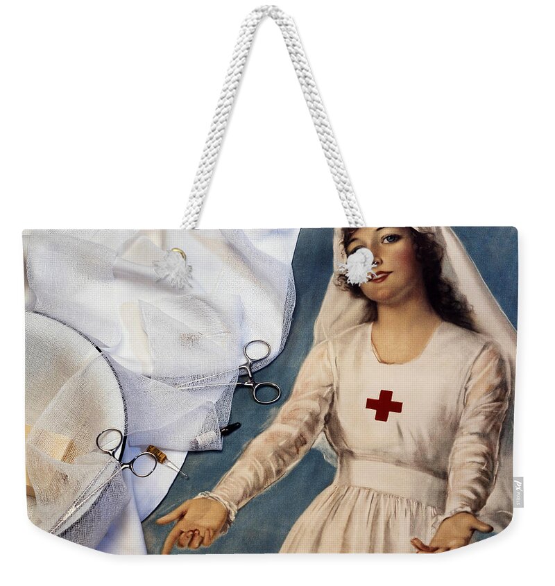1900s Weekender Tote Bag featuring the painting Red Cross Nurse, Historical Medicine by Brooks/brown