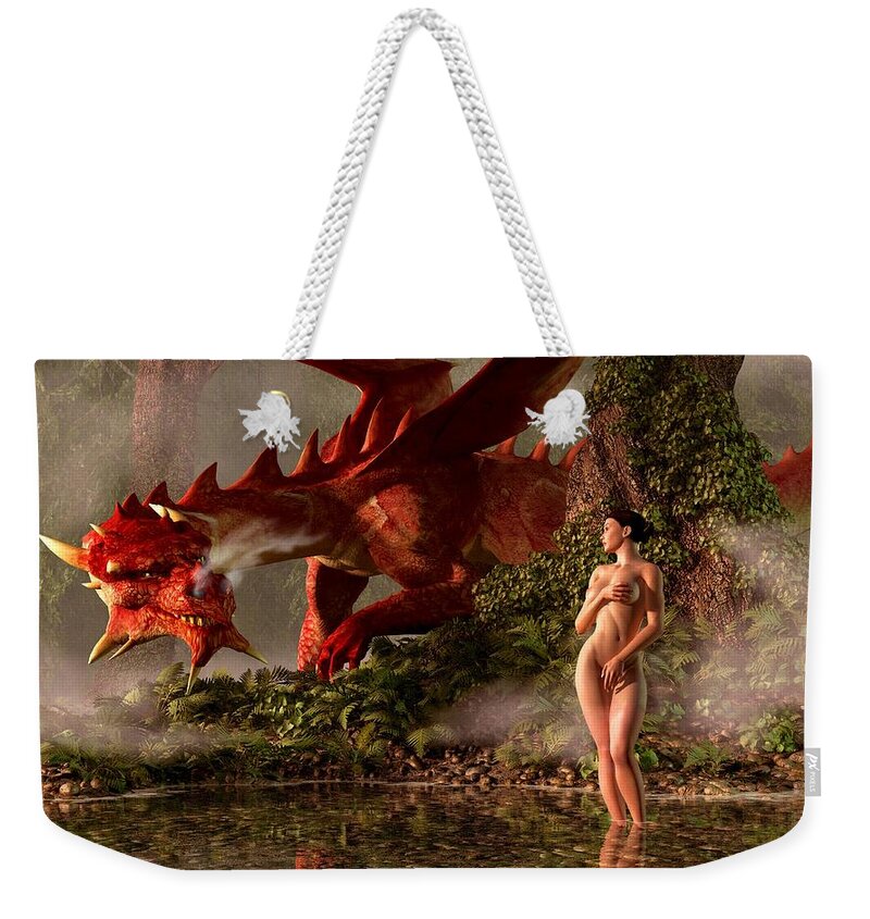 Bather Weekender Tote Bag featuring the digital art Red Dragon and Nude Bather by Kaylee Mason