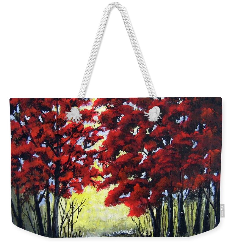 Trees Weekender Tote Bag featuring the painting Red Forest by Suzanne Theis