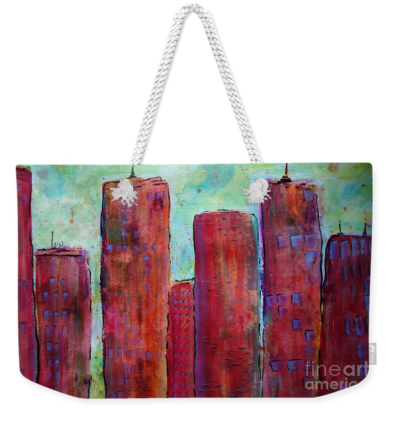Red In The City Weekender Tote Bag featuring the painting Red In The City by Jacqueline Athmann