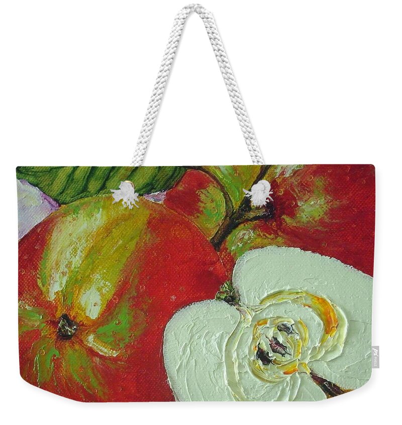 Red Weekender Tote Bag featuring the painting Red Johnagold Apples by Paris Wyatt Llanso