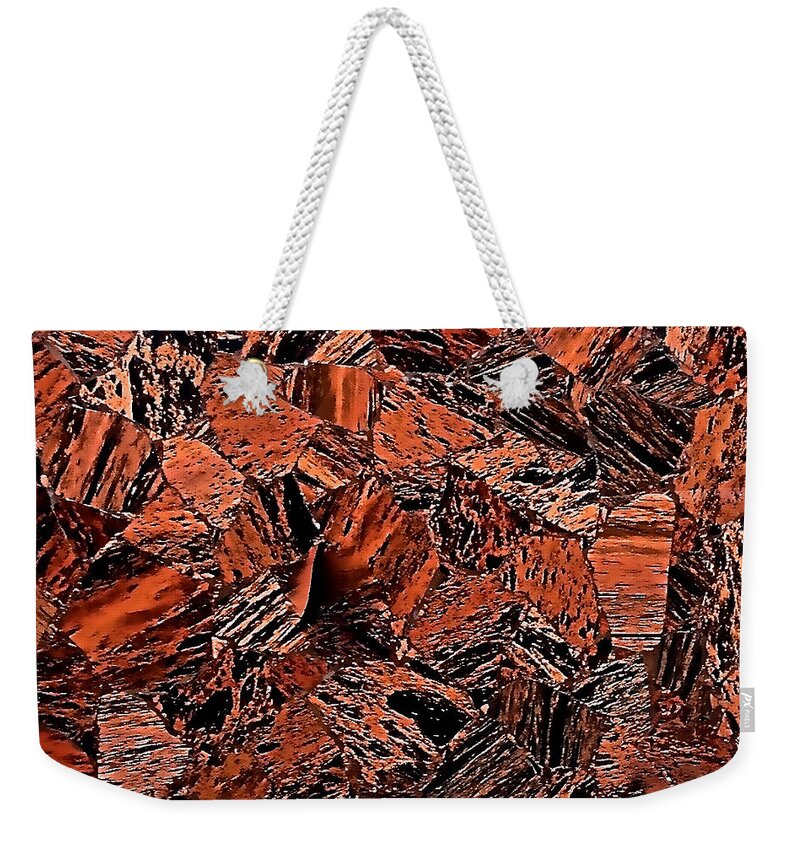 Red Weekender Tote Bag featuring the photograph Burnt Red Cubist Rocks by Debra Amerson