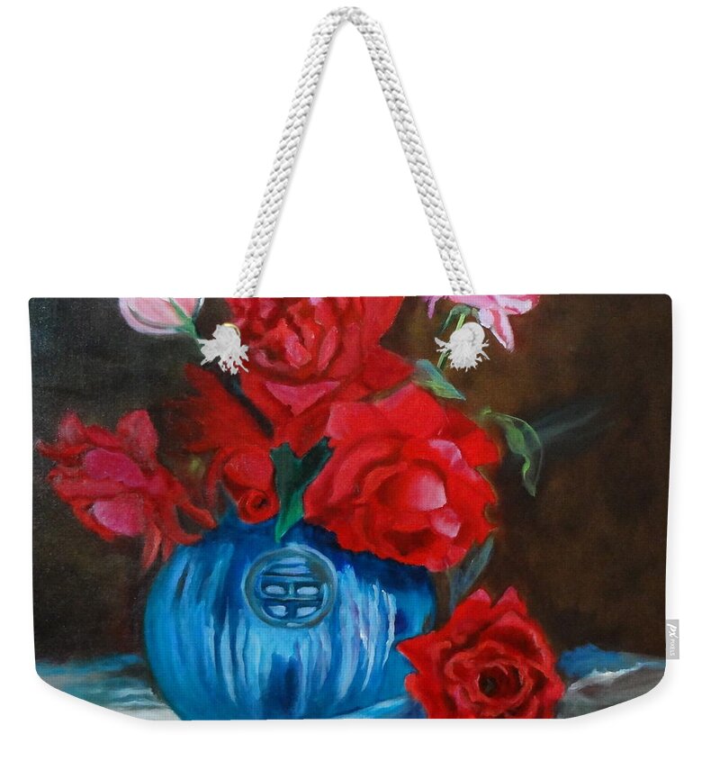 Asian Vase With Red Roses Print Weekender Tote Bag featuring the painting Red Roses and Blue Vase by Jenny Lee