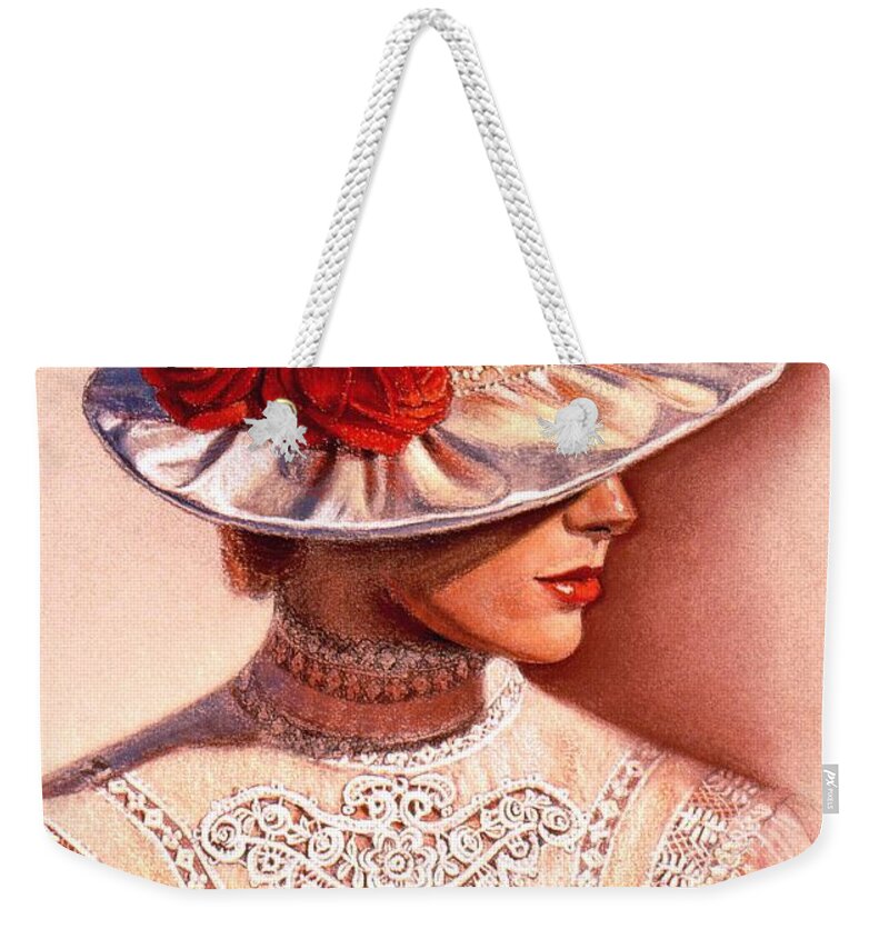 Victorian Lady Weekender Tote Bag featuring the painting Red Roses Satin Hat by Sue Halstenberg