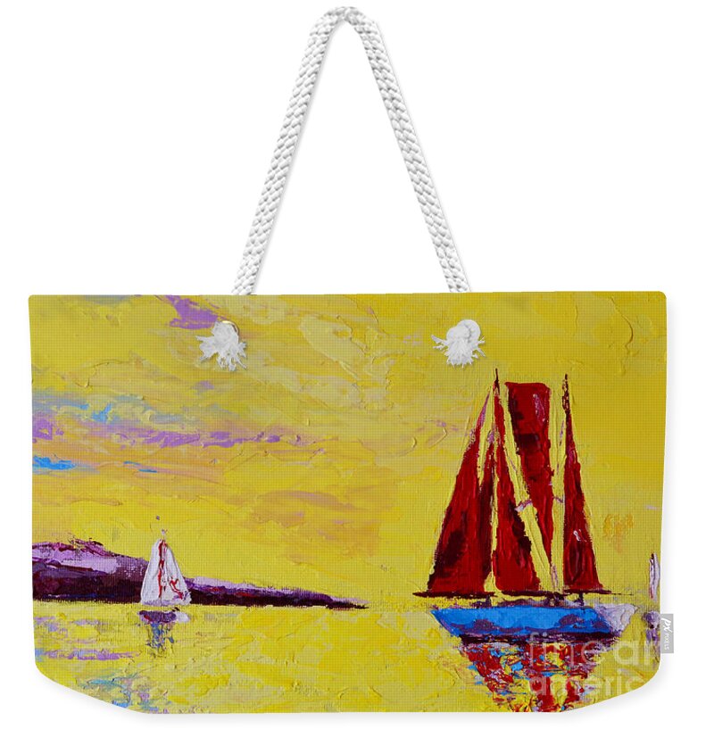 Sails Landscape Painting Weekender Tote Bag featuring the painting Red Sails Regatta Day Painting by Patricia Awapara