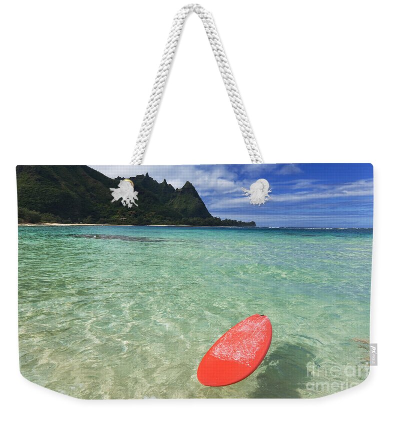 Bali Hai Weekender Tote Bag featuring the photograph Red Surfboard - Kauai by M Swiet Productions