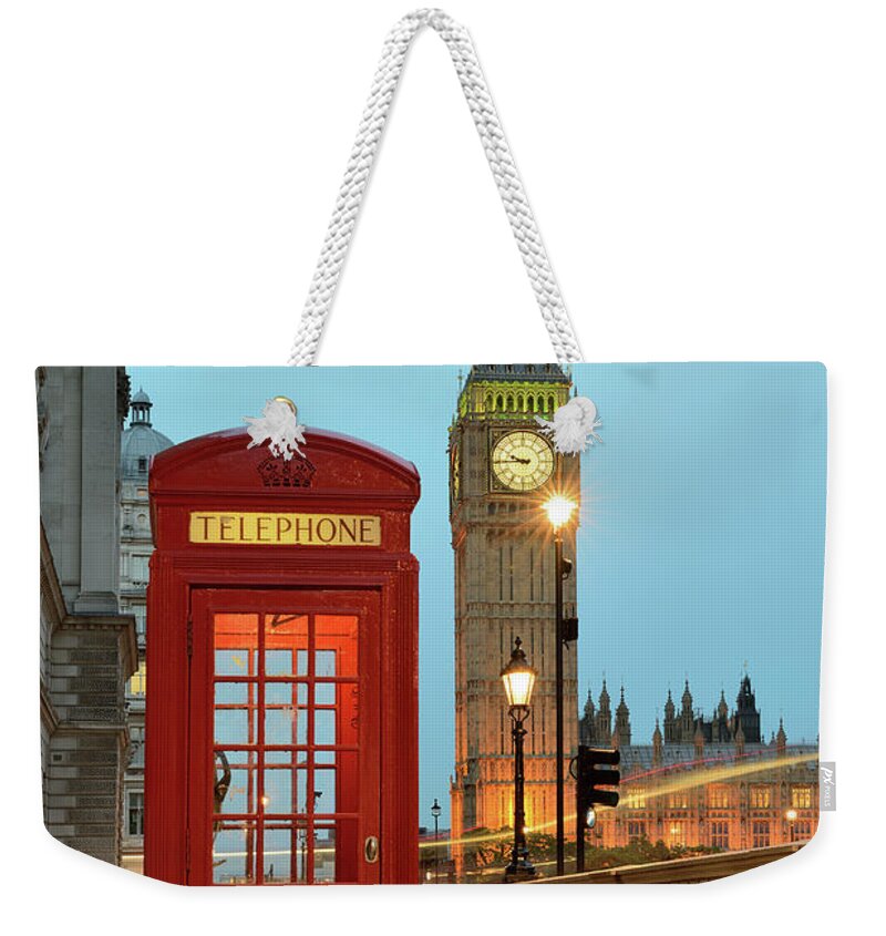 Tranquility Weekender Tote Bag featuring the photograph Red Telephone Box And Big Ben In London by Arpad Lukacs Photography