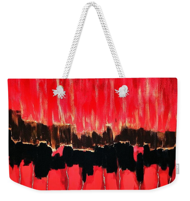 Red Thunder Clash Weekender Tote Bag featuring the painting Red Thunder Clash II by Saundra Myles