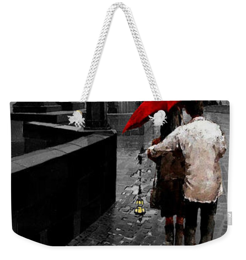 Mix Media Weekender Tote Bag featuring the mixed media Red Umbrella 2 by Yuriy Shevchuk