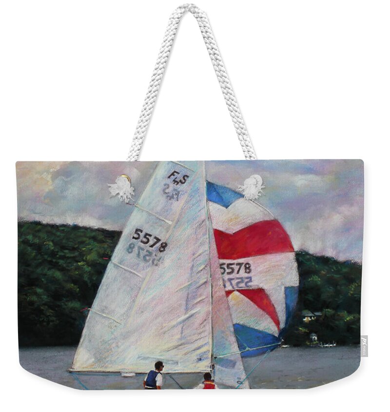 Sailboat Weekender Tote Bag featuring the drawing Red White and Blue Sailboat by Viola El