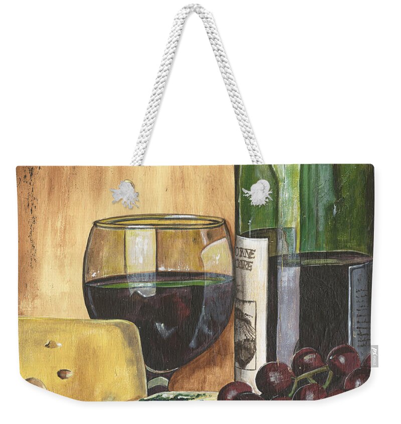 Red Wine Weekender Tote Bag featuring the painting Red Wine and Cheese by Debbie DeWitt
