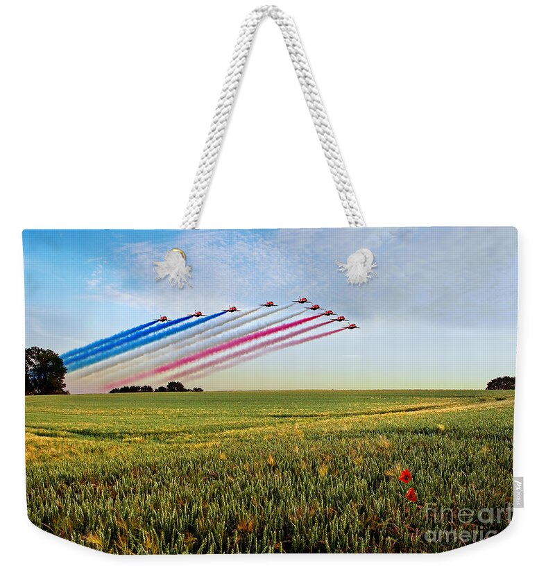 Red Arrows Weekender Tote Bag featuring the digital art Reds Make An Entrance by Airpower Art