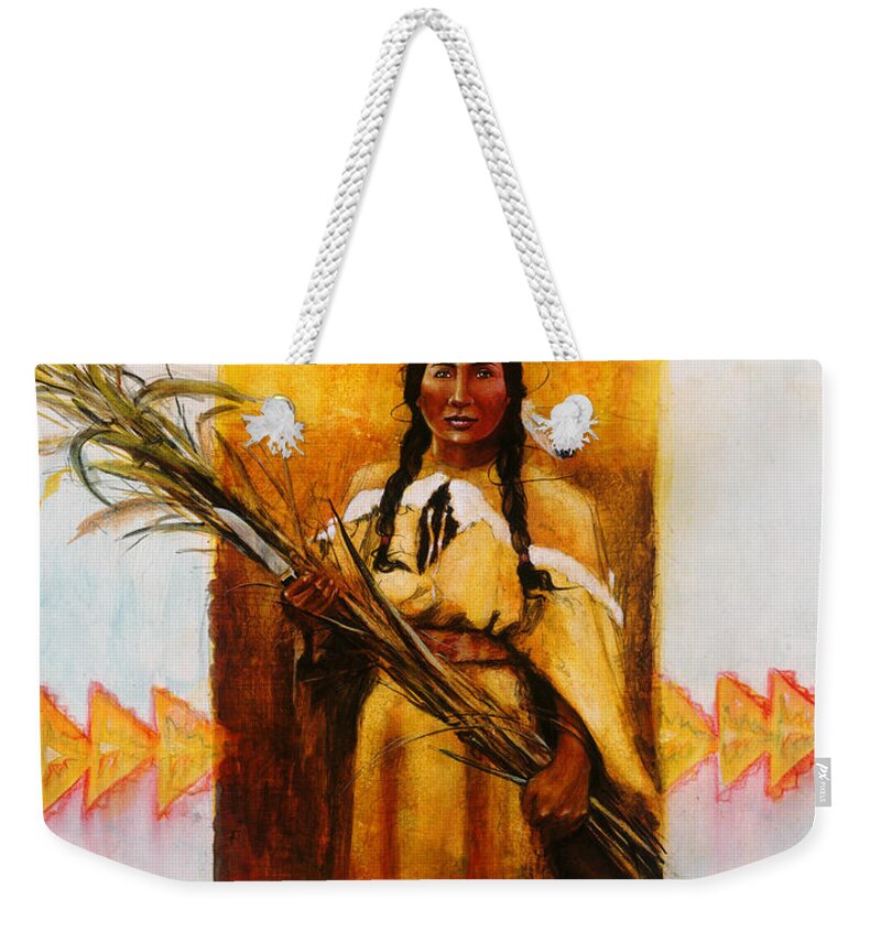 Indian Weekender Tote Bag featuring the painting Reed Gatherer by Robert Corsetti