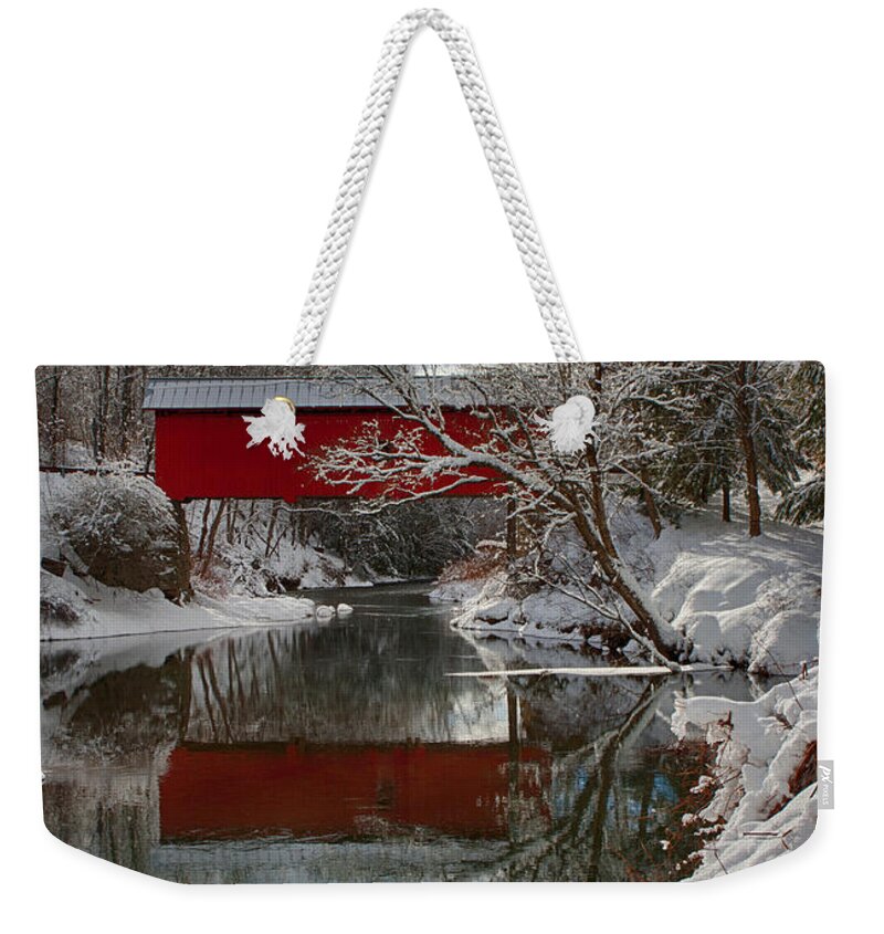 Northfield Fall Covered Bridge Weekender Tote Bag featuring the photograph Reflection of Slaughterhouse covered bridge by Jeff Folger