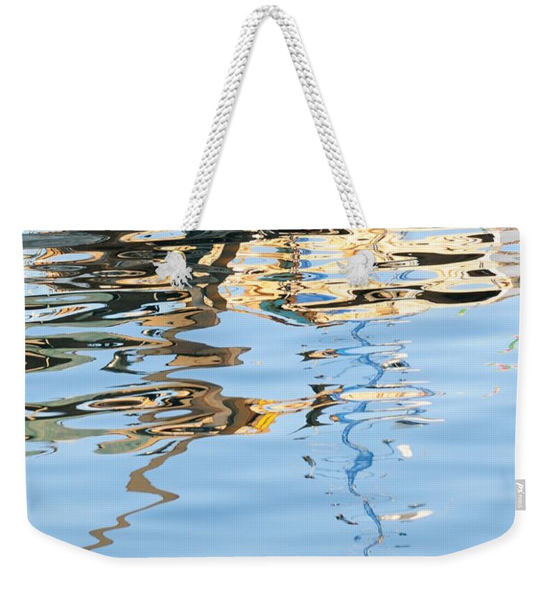 Water Italy Reflections Boats White Blue Weekender Tote Bag featuring the photograph Reflections - white by Susie Rieple