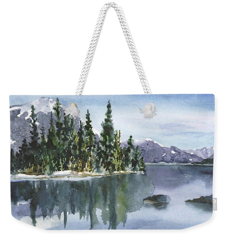 Lake Painting Weekender Tote Bag featuring the painting Reflections by Anne Gifford
