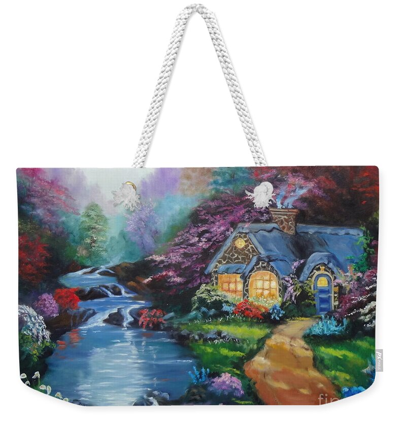Lit Cottage Weekender Tote Bag featuring the painting Reflections Cottage by Jenny Lee