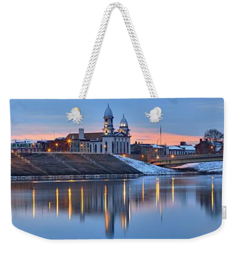 Lock Haven Weekender Tote Bag featuring the photograph Reflections In The Susquehanna River At Lock Haven by Adam Jewell