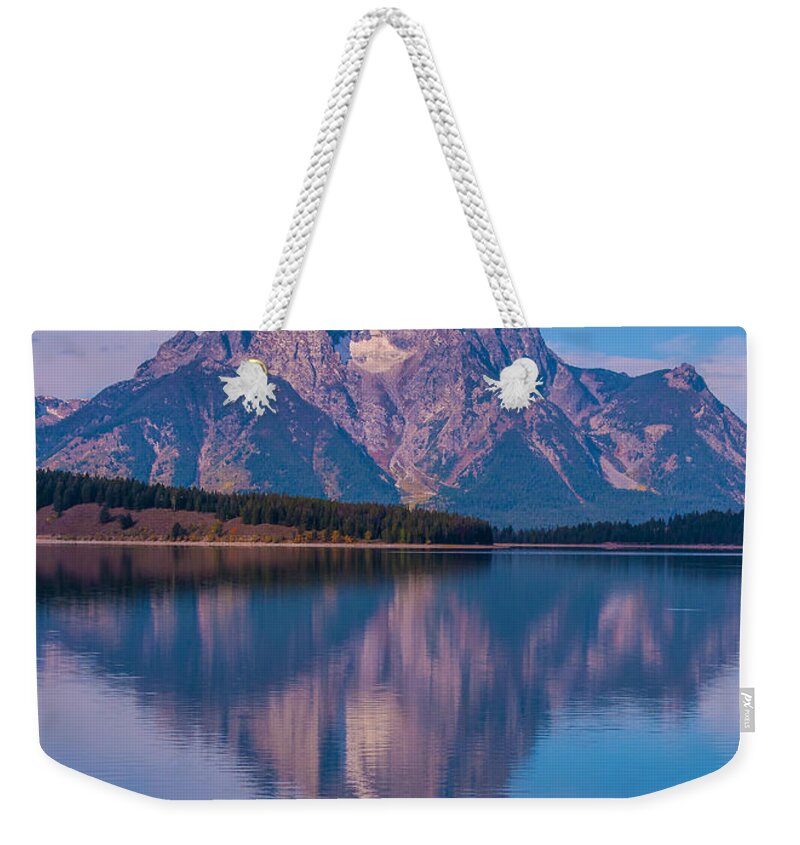 Brenda Jacobs Photography & Fine Art Weekender Tote Bag featuring the photograph Reflections of Mount Moran by Brenda Jacobs