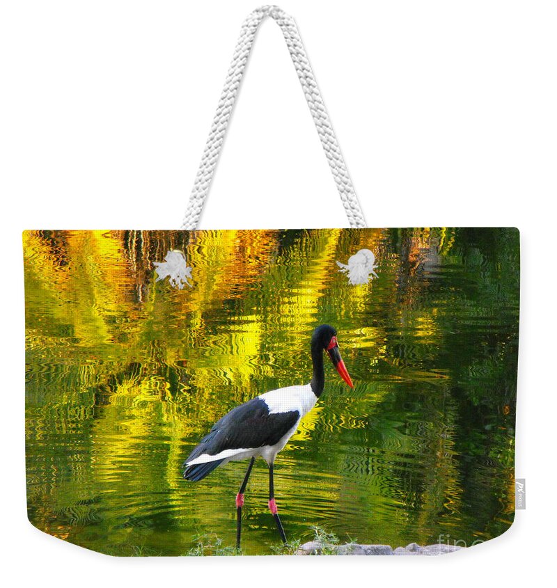 Pond Weekender Tote Bag featuring the photograph Reflective Crane by Erick Schmidt