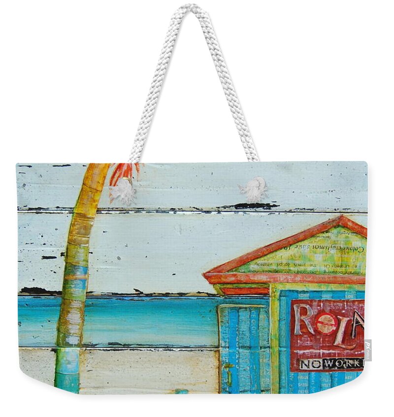 Palm Tree Weekender Tote Bag featuring the mixed media Relax No Working by Danny Phillips