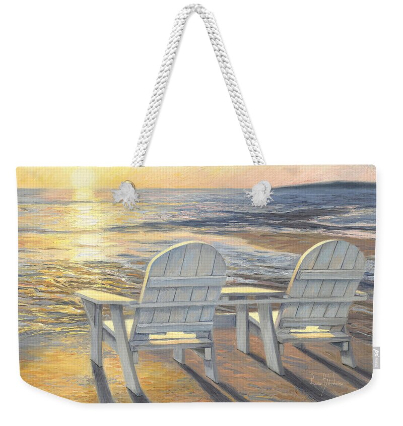 Beach Weekender Tote Bag featuring the painting Relaxing Sunset by Lucie Bilodeau