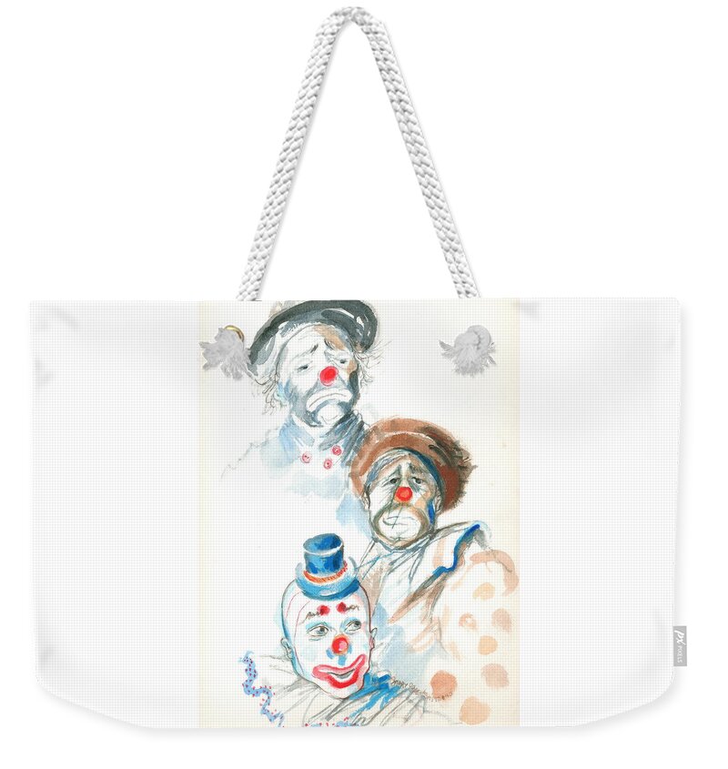 Watercolor Weekender Tote Bag featuring the painting Remember the Clowns by Mary Armstrong