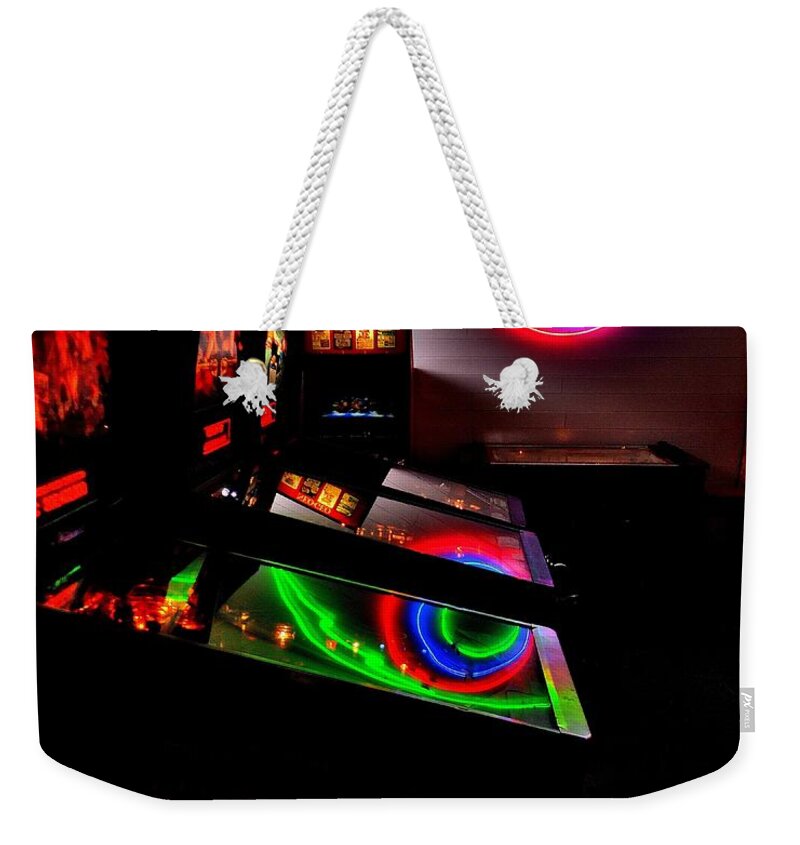 80s Weekender Tote Bag featuring the photograph Replicant Arcade by Benjamin Yeager