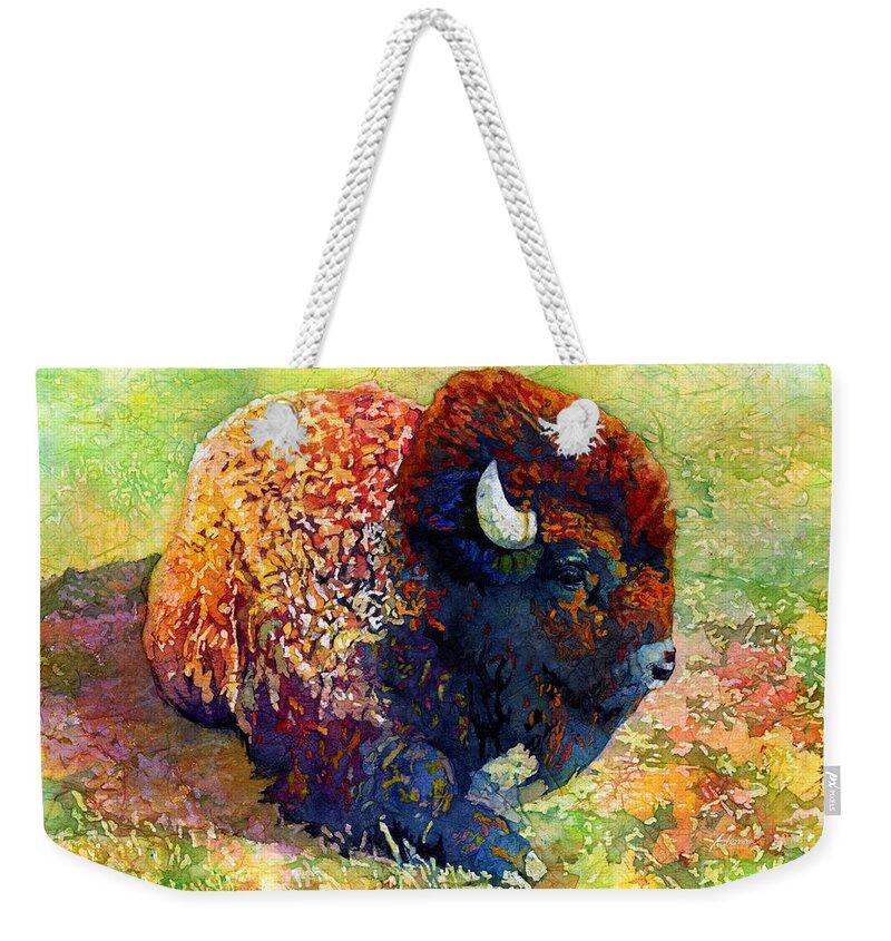 Bison Weekender Tote Bag featuring the painting Resting Bison by Hailey E Herrera
