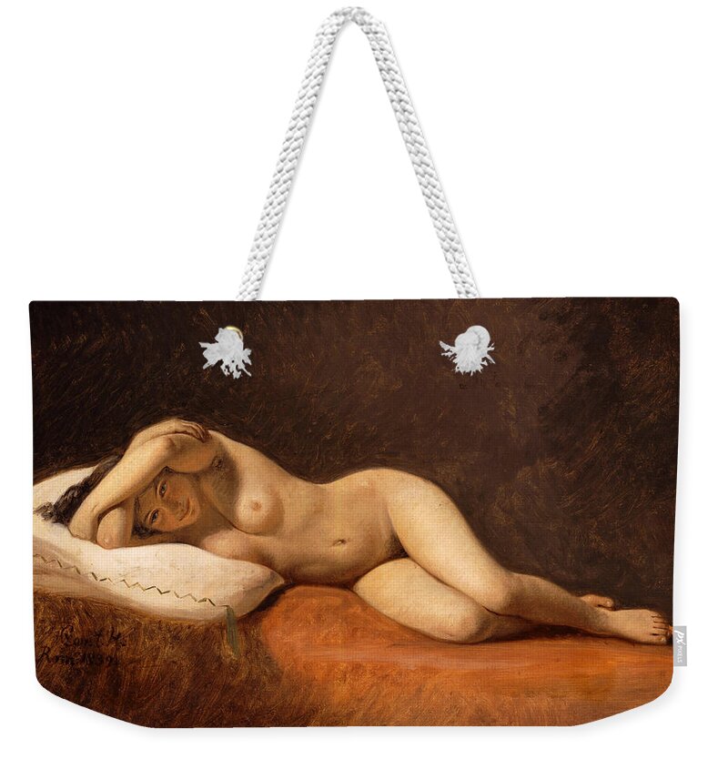 Constantin Hansen Weekender Tote Bag featuring the painting Resting Model by Constantin Hansen