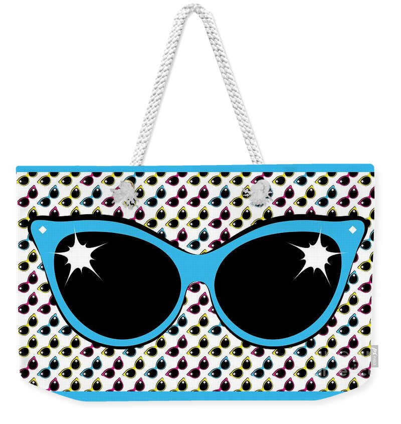 Sunglasses Weekender Tote Bag featuring the digital art Retro Blue Cat Sunglasses by MM Anderson