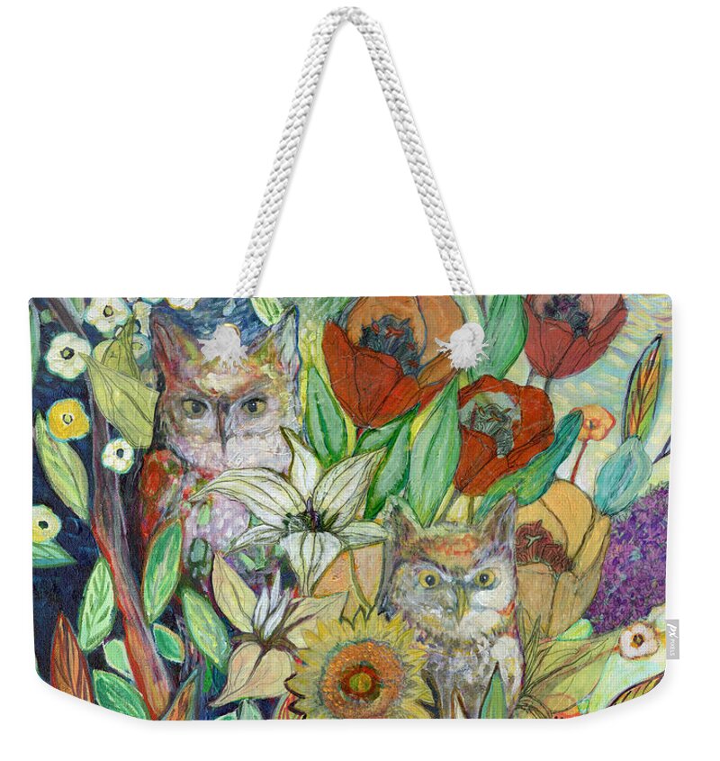 Owl Weekender Tote Bag featuring the painting Returning Home to Roost by Jennifer Lommers