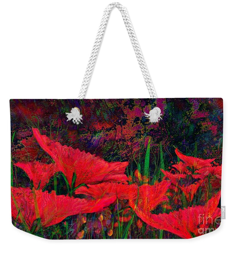Abstract Weekender Tote Bag featuring the digital art Rhapsody in Red by Mary Eichert