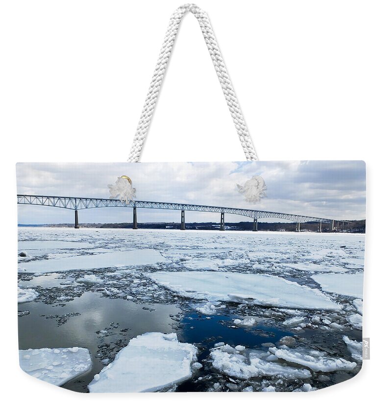 Artoffoxvox Weekender Tote Bag featuring the photograph Rhinecliff Bridge over the Icy Hudson River by Kristen Fox