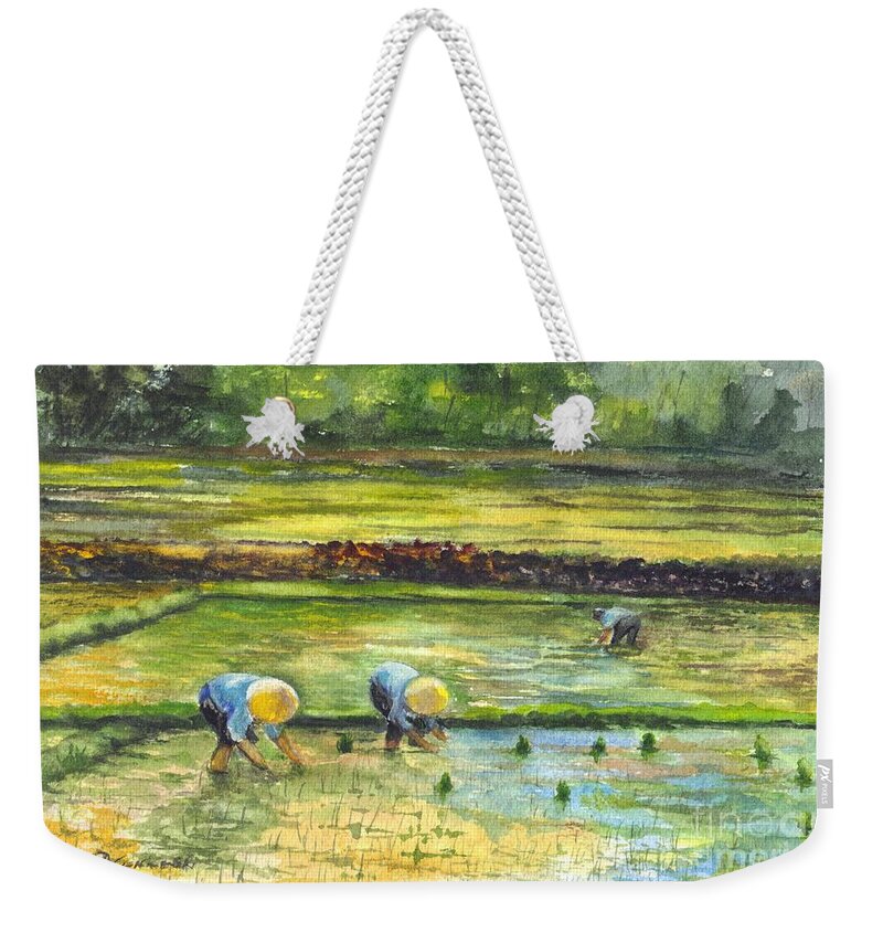 Rice Fields Weekender Tote Bag featuring the painting The Rice Paddy Field by Carol Wisniewski