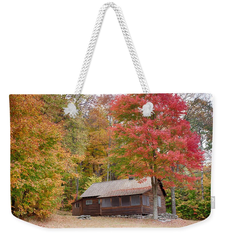 Robert Frost Weekender Tote Bag featuring the photograph Robert Frost cabin in autumn by Jeff Folger