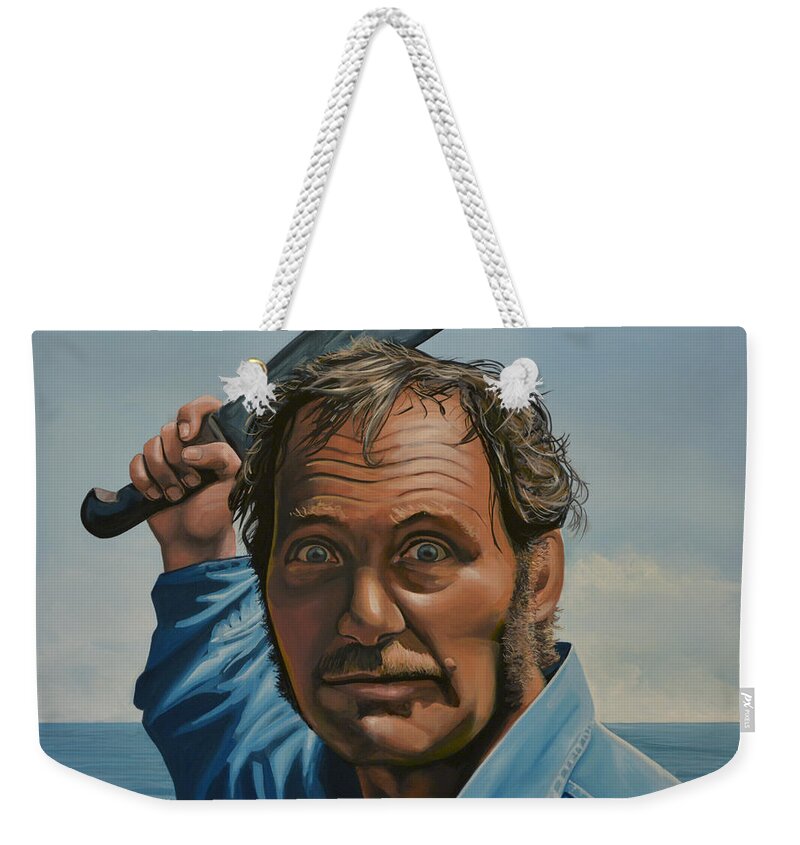 Robert Shaw Weekender Tote Bag featuring the painting Robert Shaw in Jaws by Paul Meijering