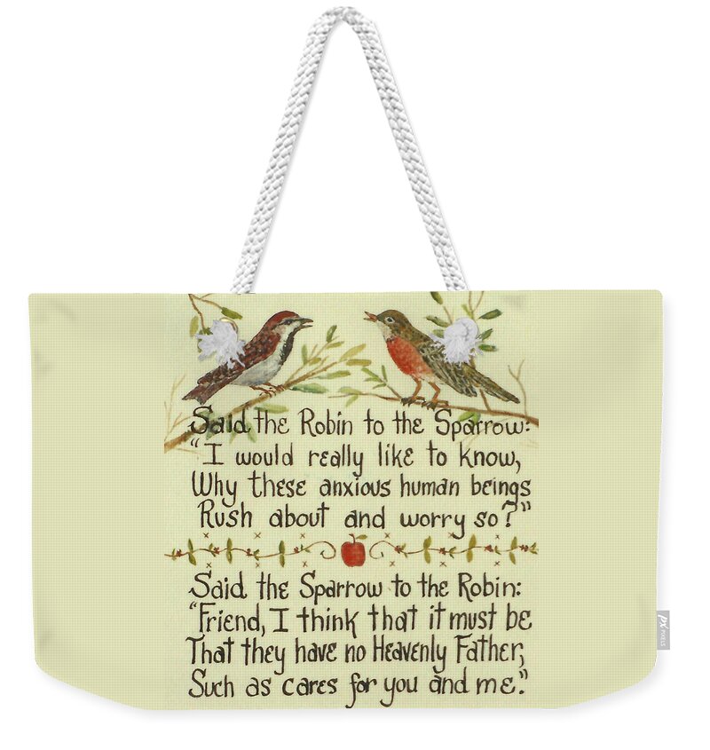 Robin And Sparrow Weekender Tote Bag featuring the painting Robin and Sparrow by Lou Ann Bagnall