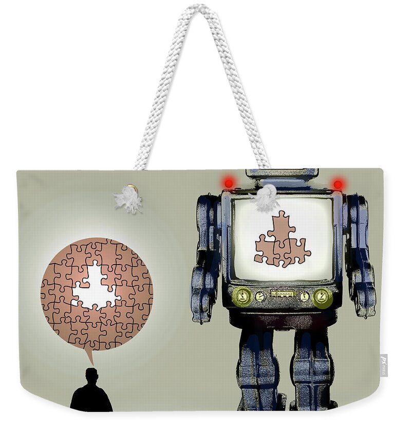 Adult Weekender Tote Bag featuring the photograph Robot With Missing Pieces Of Jigsaw by Ikon Ikon Images
