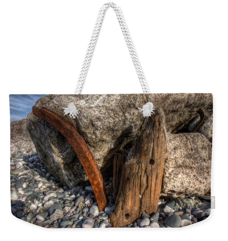 Textures Weekender Tote Bag featuring the photograph Rock Metal and Wood by B Cash
