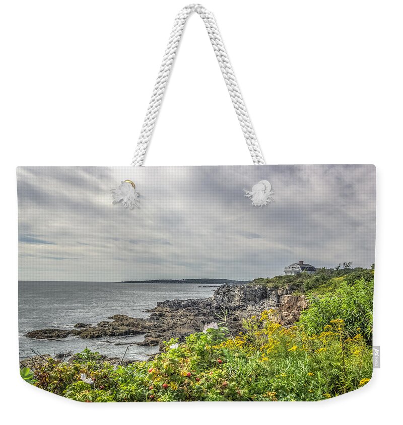 Maine Weekender Tote Bag featuring the photograph Rocky Maine shoreline by Jane Luxton