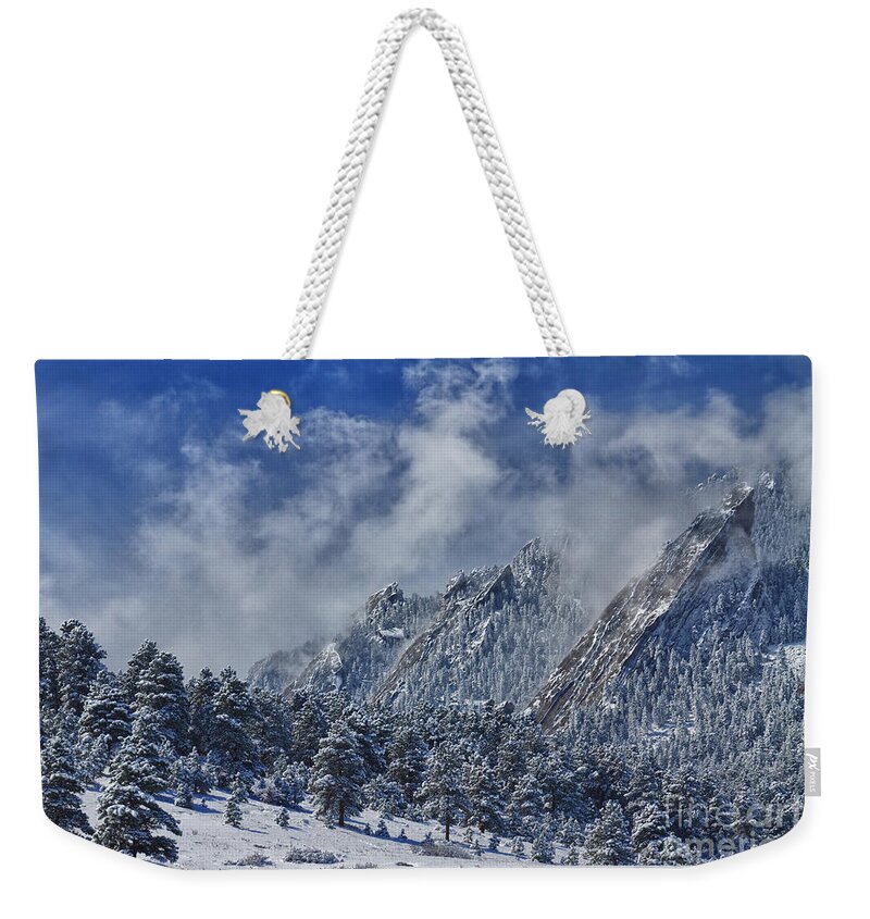 Flatirons Weekender Tote Bag featuring the photograph Rocky Mountain Dusting Of Snow Boulder Colorado by James BO Insogna