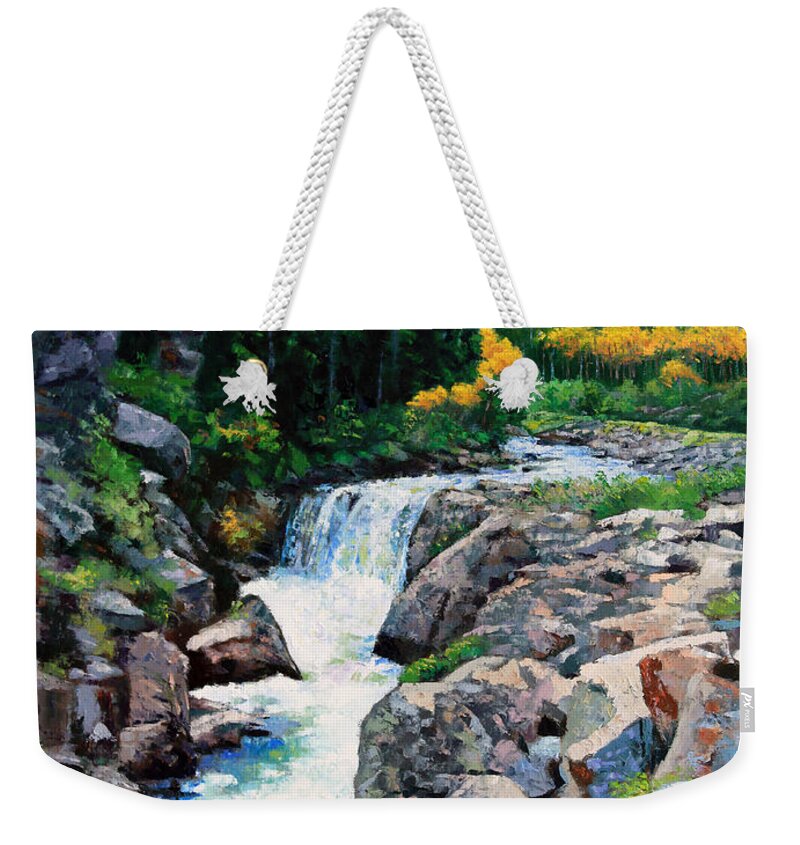 Rocky Mountains Weekender Tote Bag featuring the painting Rocky Mountain High by John Lautermilch