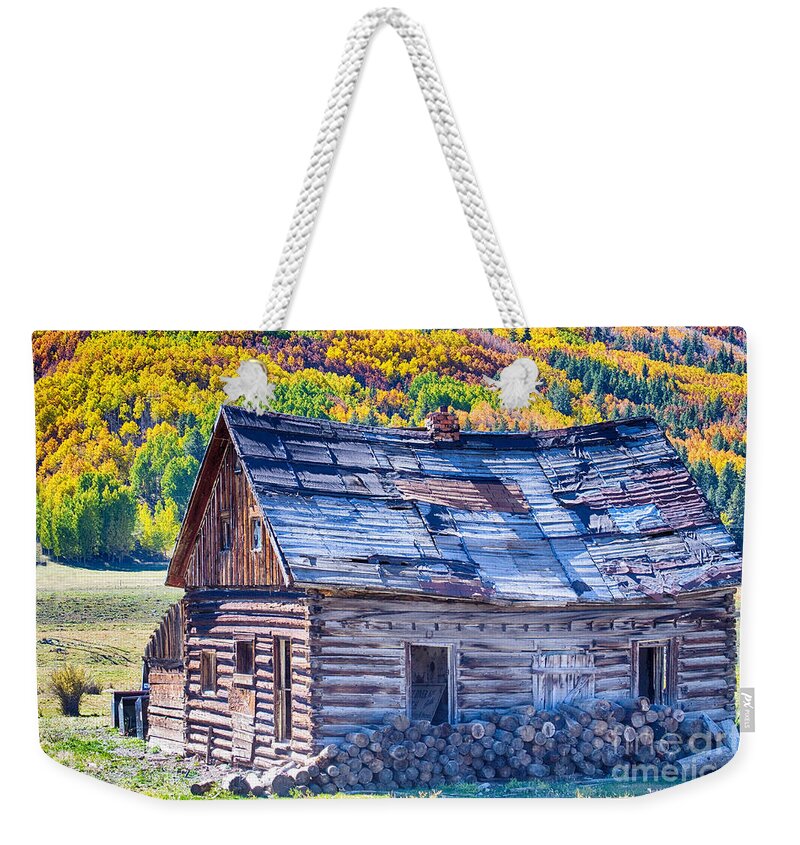 Autumn Weekender Tote Bag featuring the photograph Rocky Mountain Rural Rustic Cabin Autumn View by James BO Insogna