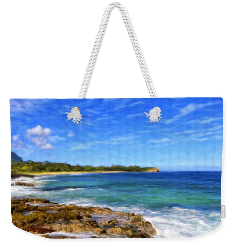 Rocky Shore Weekender Tote Bag featuring the painting Rocky Shore Near Poipu by Dominic Piperata